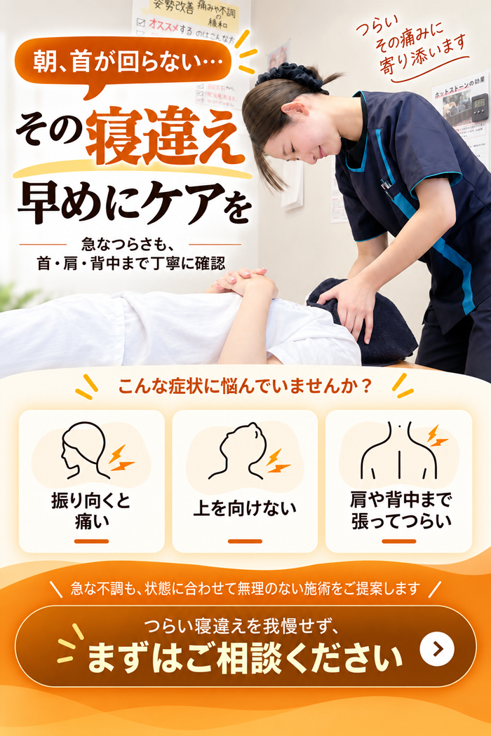 寝違え・首の痛みでお悩みの方へ 整骨院元 光の森院